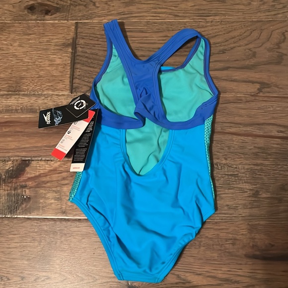 NEW Speedo Girl's Swimsuit One-Piece Mesh Splice Thick Strap, Darling Ditsy Cyan - Picture 6 of 13